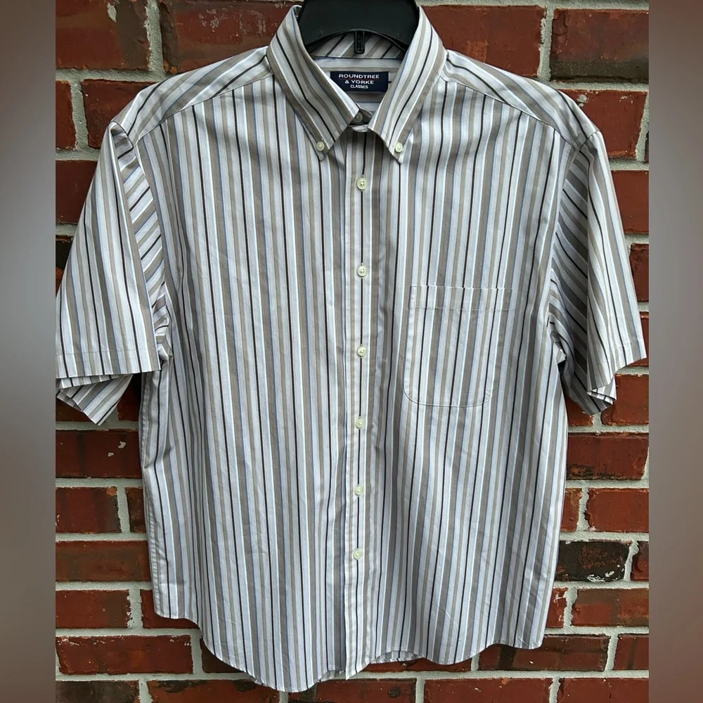 Roundtree & Yorke Classics Mens Short Sleeve Button Down Shirt Striped Large - Picture 1 of 5